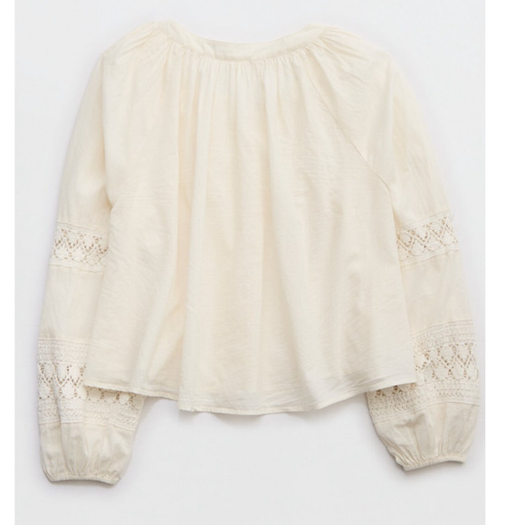 Aerie Natural Crochet Button Shirt Women’s S Boho Peasant Lace Ruffle Blouse NWT - Picture 2 of 10